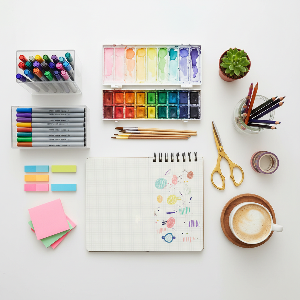 여러가지 색깔의 도구가 놓인 책상