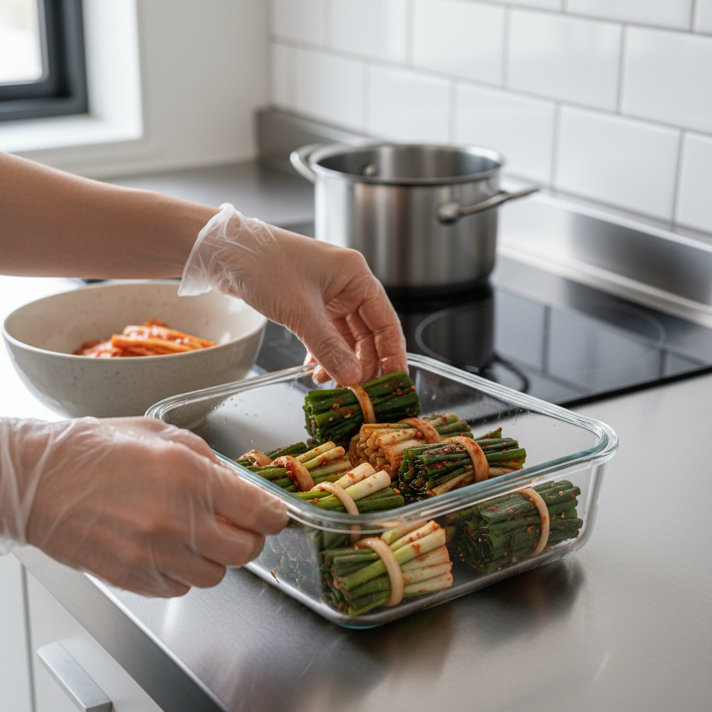 완성된 파김치를 통에 담는 과정