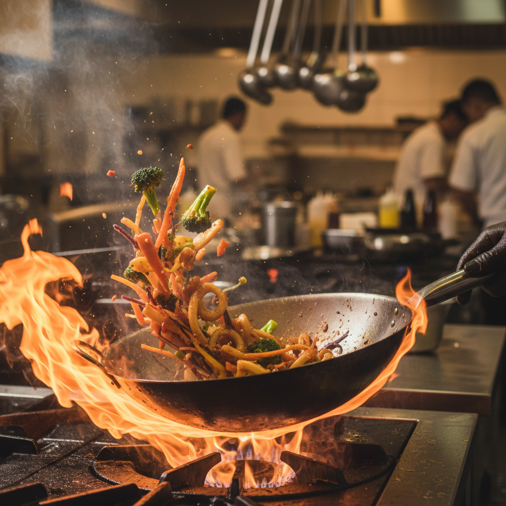 팬에서 강한 불로 빠르게 볶아지는 오징어