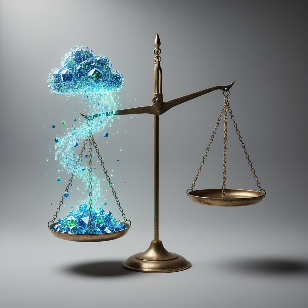 법원 판결을 상징하는 저울과 디지털 데이터