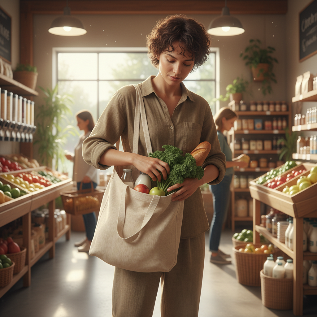 시장 바구니를 들고 쇼핑하는 친환경적인 모습