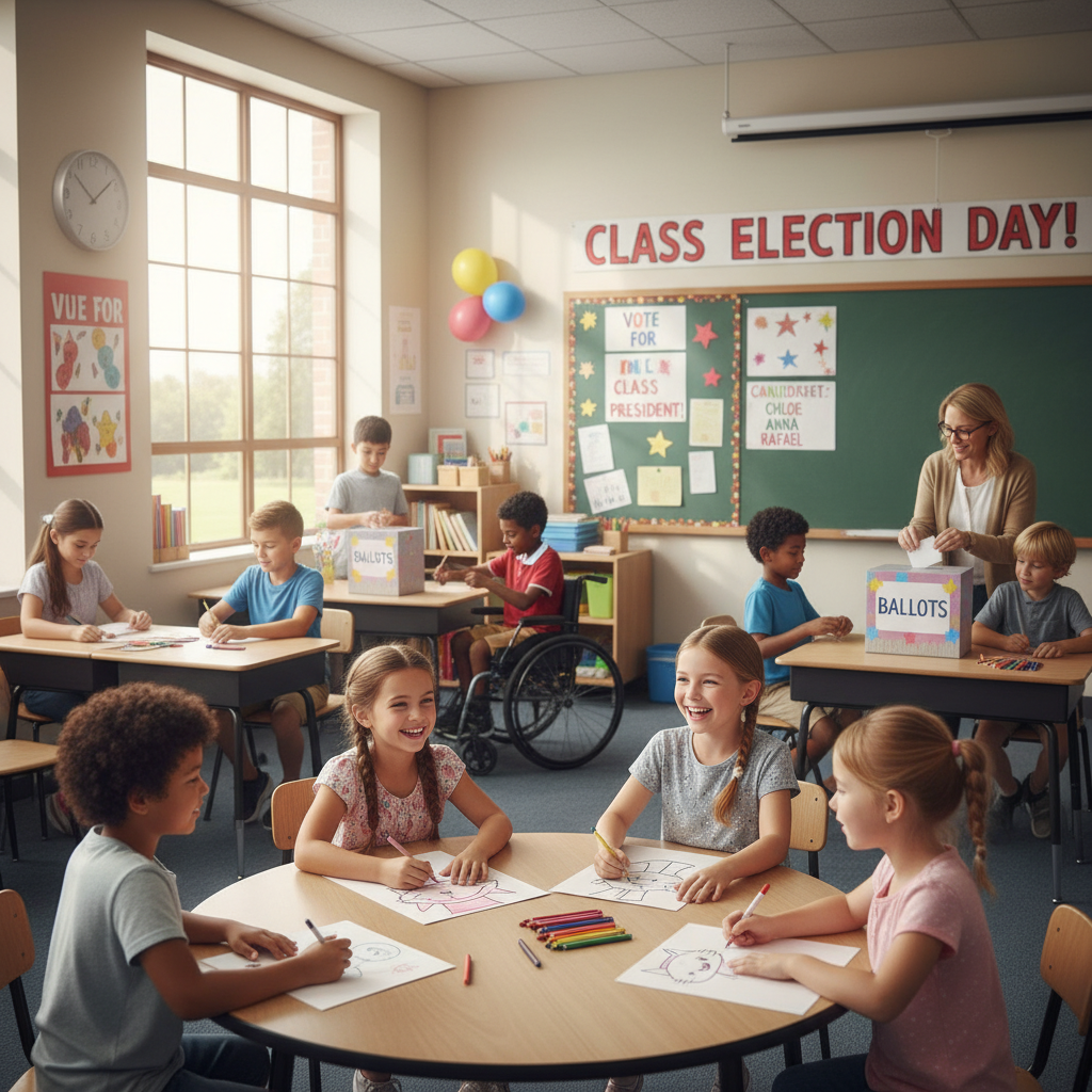 교실에서 초등학생들이 모여 반장선거를 준비하는 모습