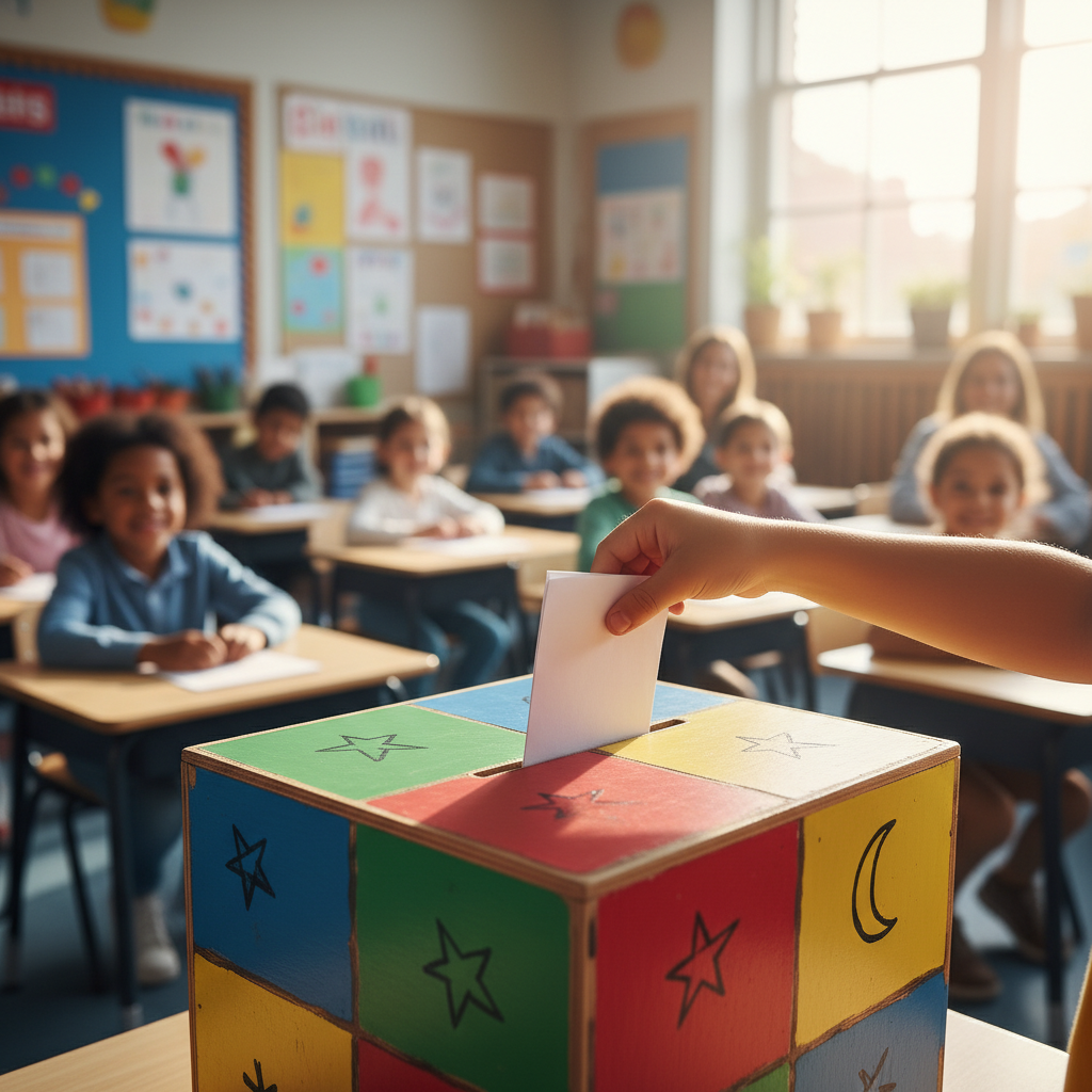 투표함에 투표용지를 넣는 아이들의 모습