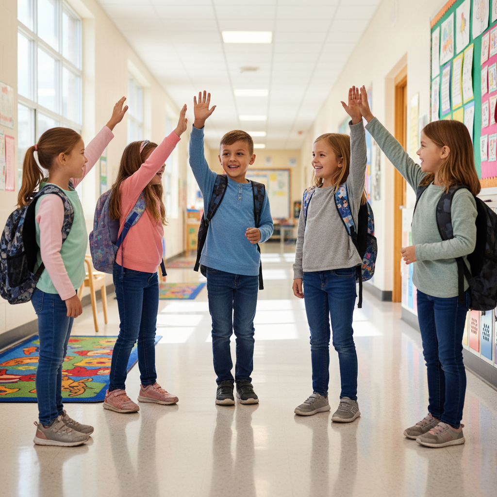 밝게 웃으며 인사하는 아이들