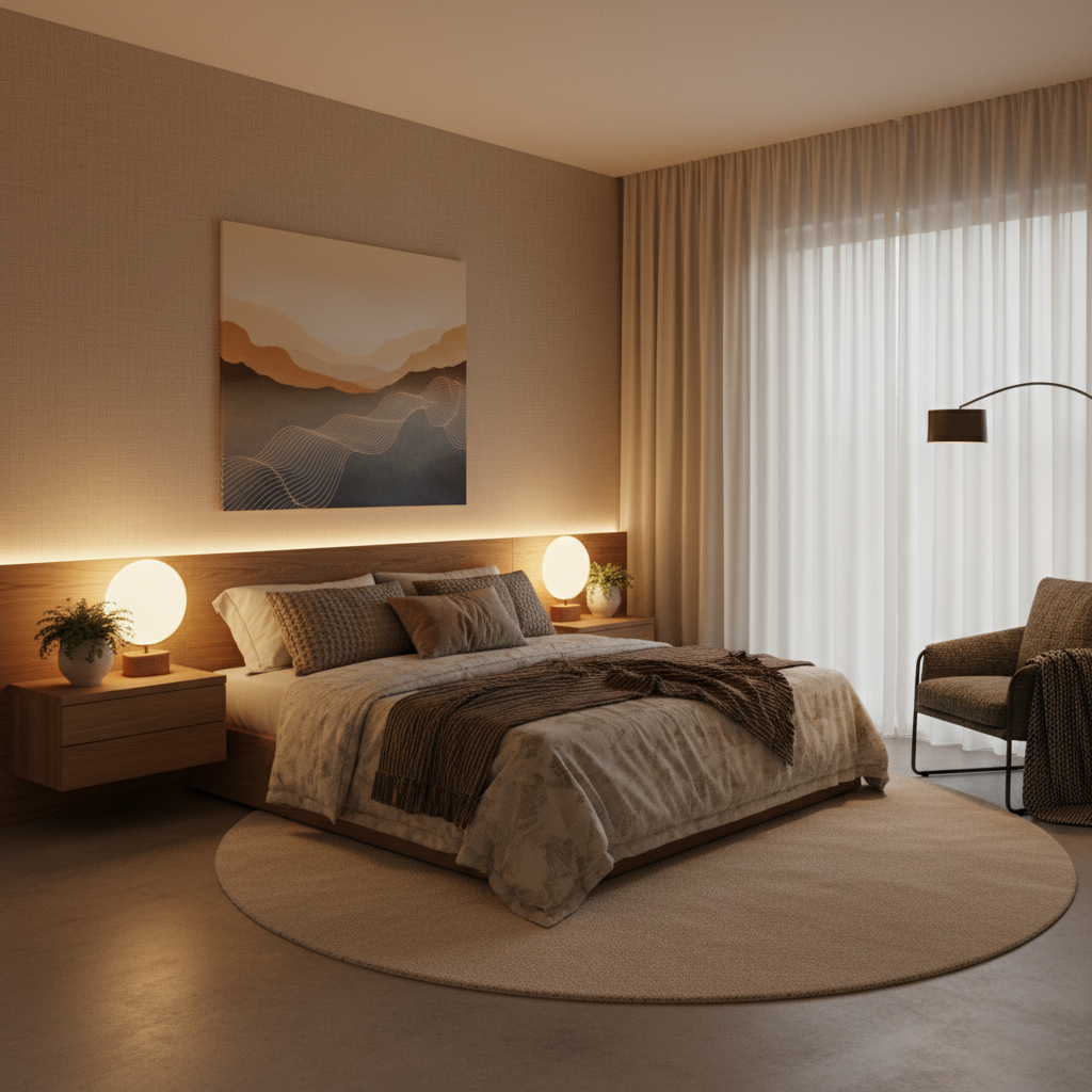 은은한 조명이 비치는 침실