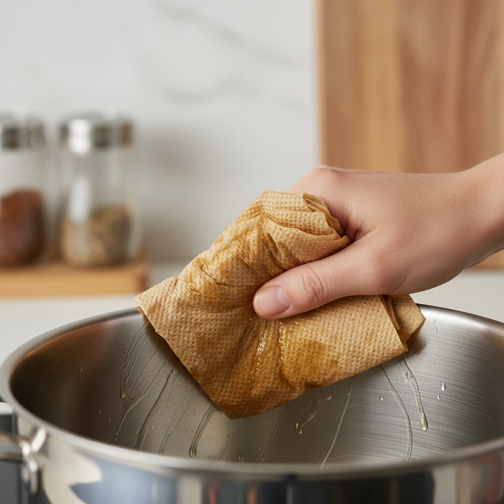 식용유를 묻힌 키친타월로 스테인리스 닦기