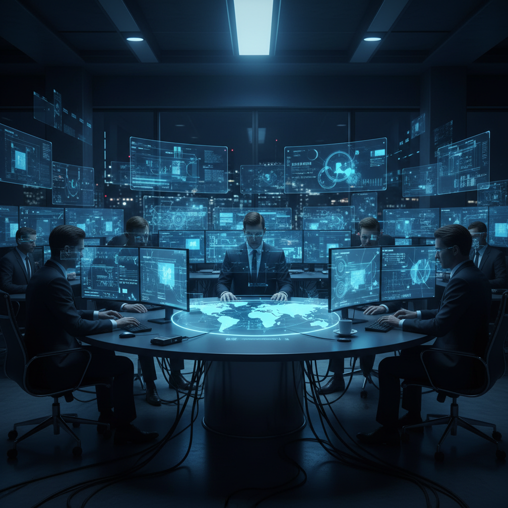 기업 내부 기밀 유출을 암시하는 어두운 사무실 분위기의 디지털 아트