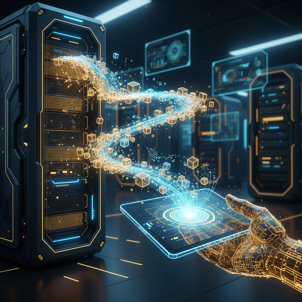 데이터가 유출되는 과정을 표현한 추상적인 디지털 네트워크 그래픽