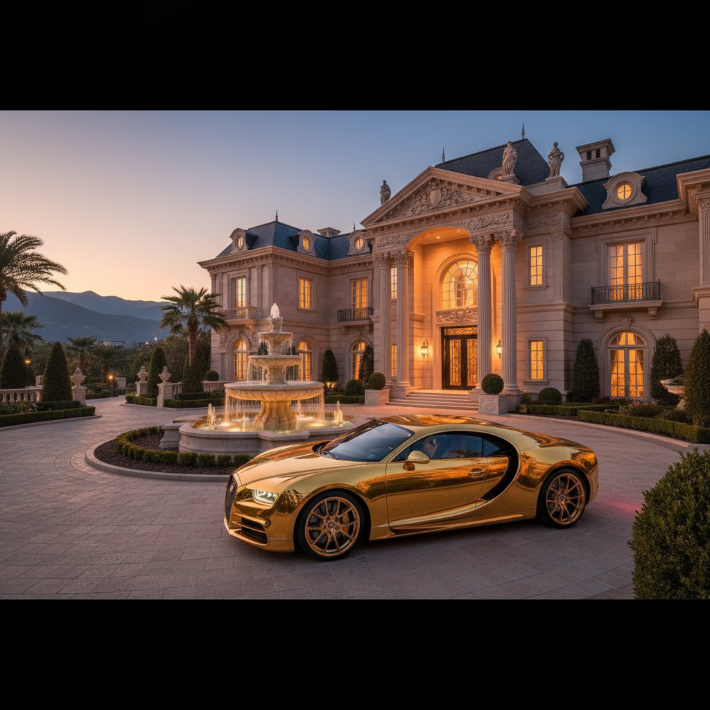 호화로운 생활을 상징하는 고급 자동차와 저택의 실루엣