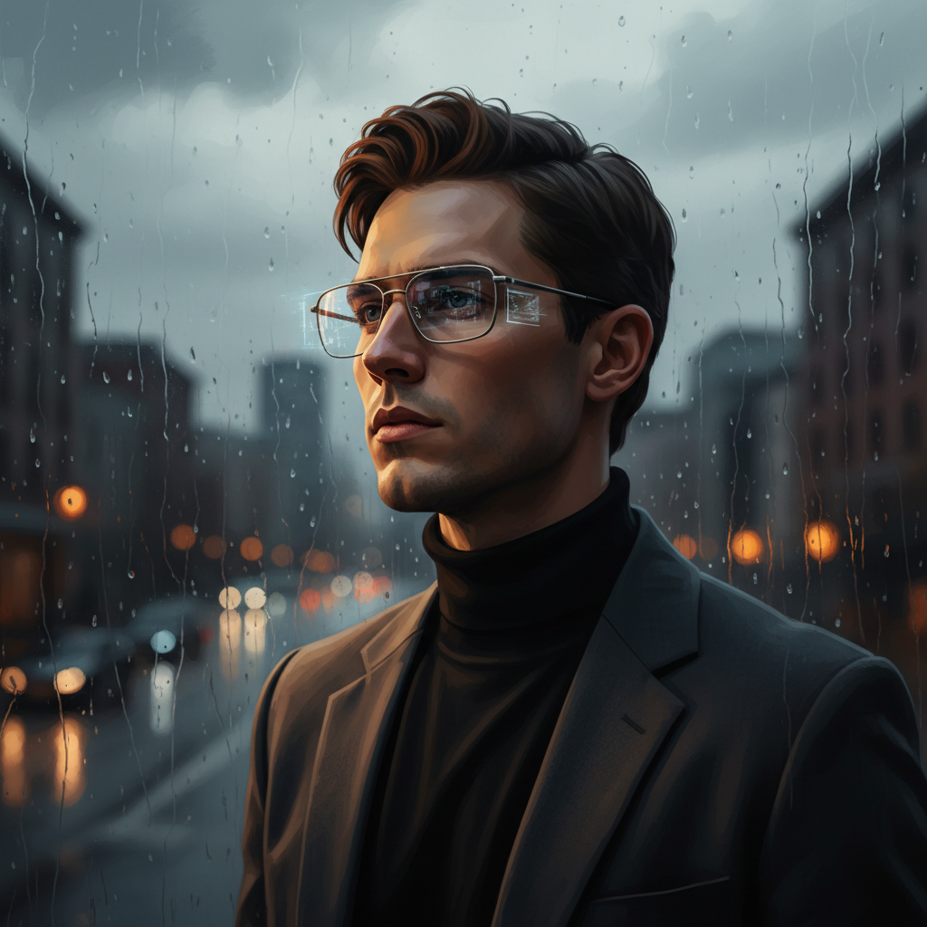 스마트 글라스를 착용한 채 생각에 잠긴 인물