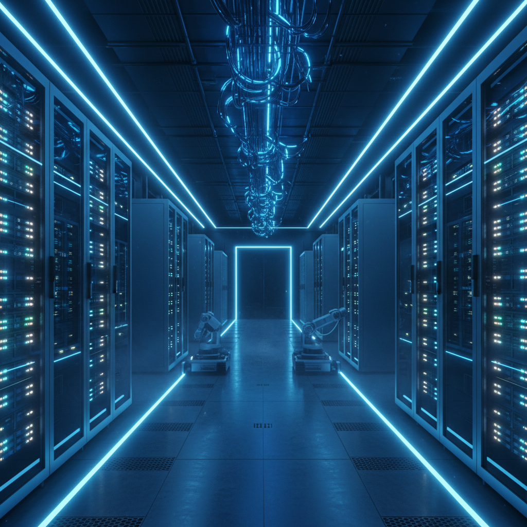 데이터센터 내부에 수많은 서버가 작동하는 모습