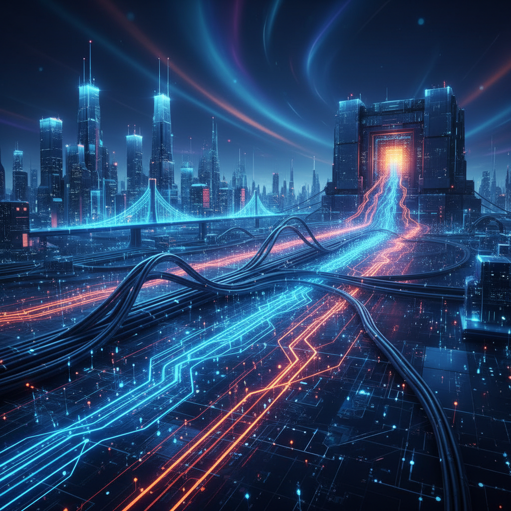 도시의 전력망과 데이터센터가 얽힌 복합적인 구성