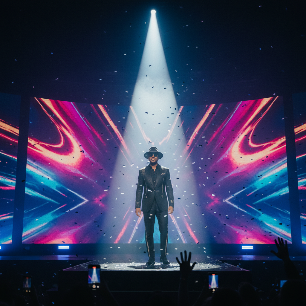 화려한 무대와 조명 아래 연예인 모습