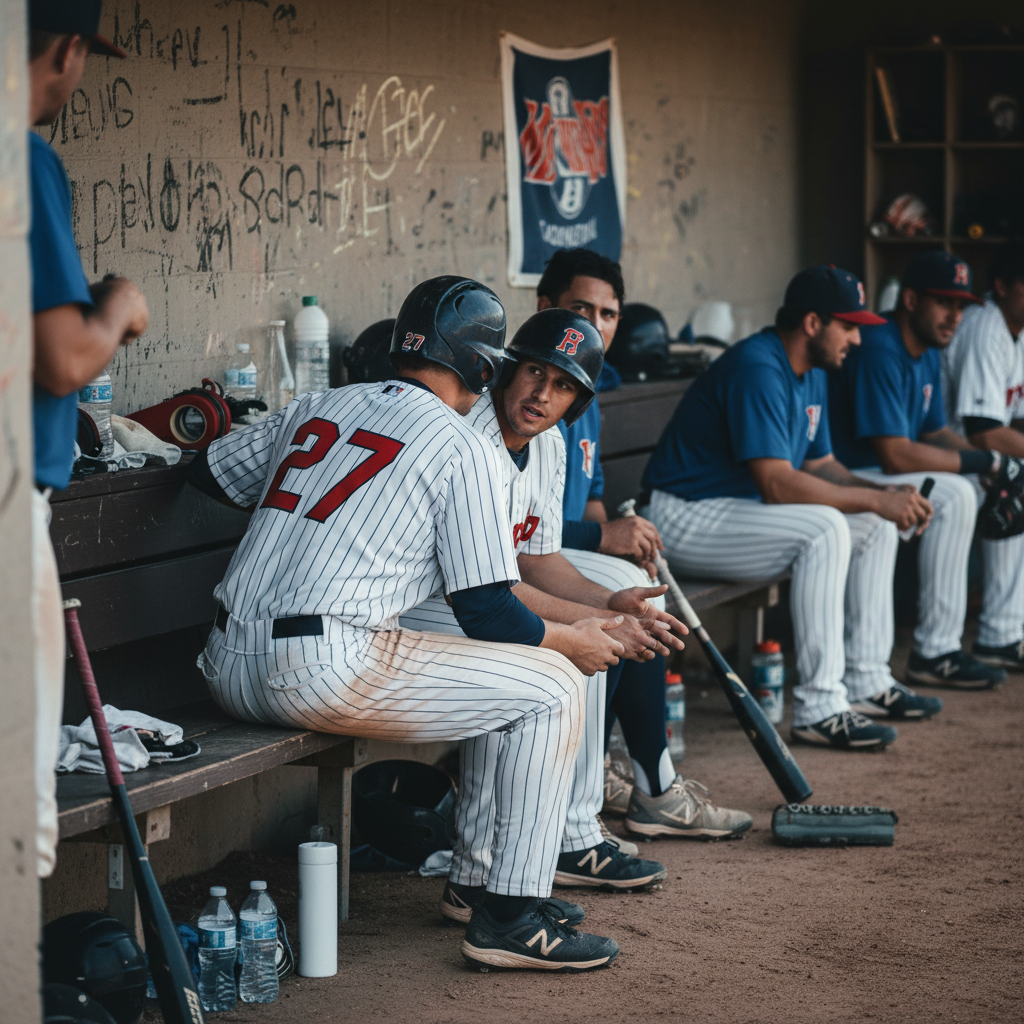 덕아웃에서 동료와 대화하는 야구선수