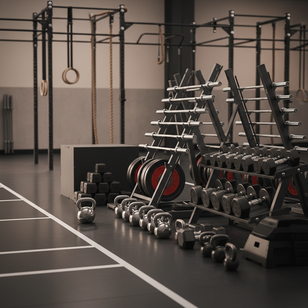 크로스핏 바벨과 덤벨이 놓인 훈련장