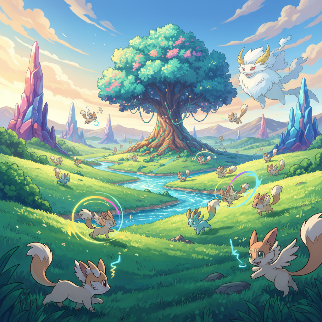 포켓몬 포코피아의 모험을 상징하는 밝고 생동감 넘치는 필드