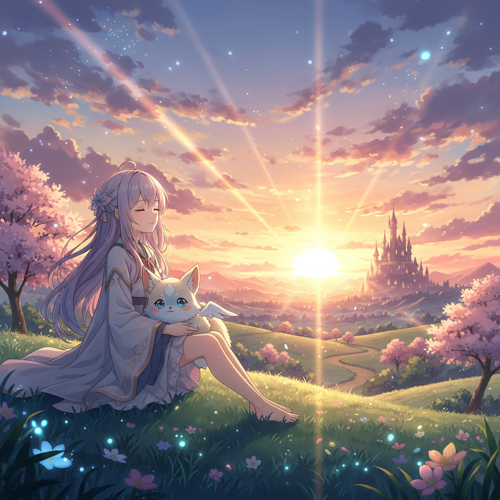 노을 지는 언덕 위에서 포켓몬과 쉬는 모습