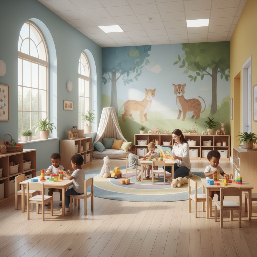 밝고 따뜻한 느낌의 지역 사회 돌봄 센터