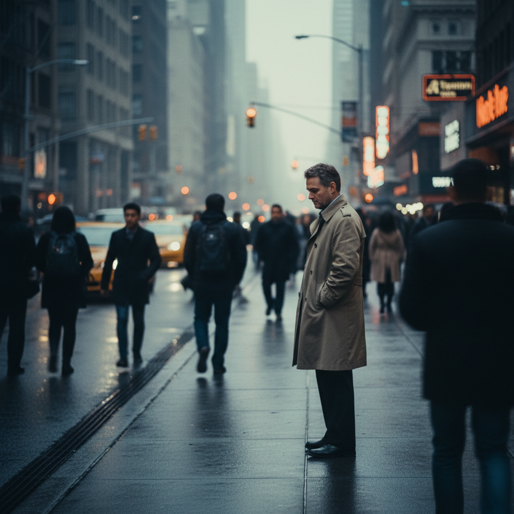복잡한 도시 거리와 고립된 한 사람