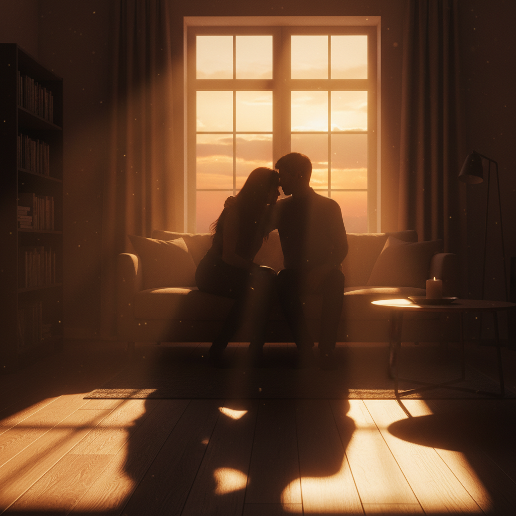 서로 마주 보고 앉은 연인의 그림자