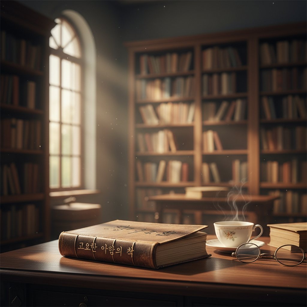 차분한 분위기의 도서관 책상 위 놓인 모순 소설책