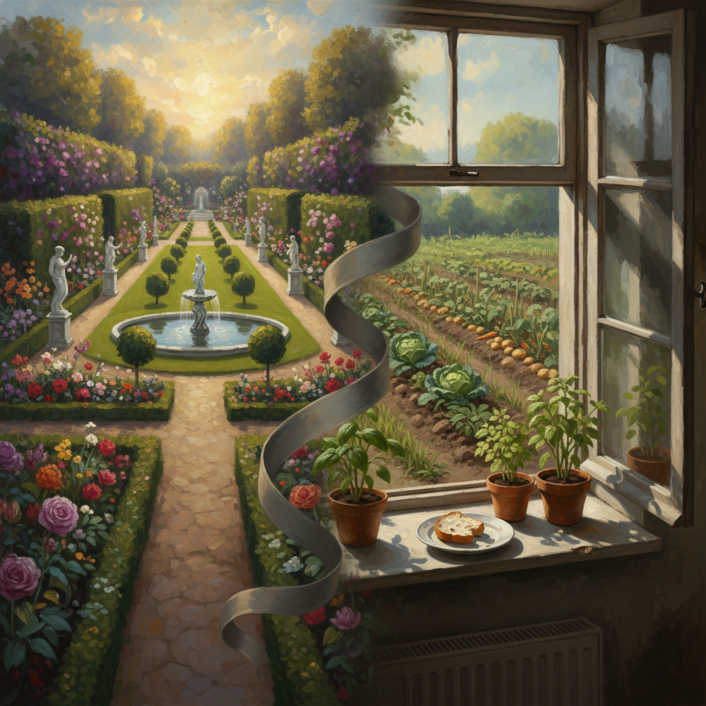 화려한 정원과 투박한 일상이 공존하는 풍경