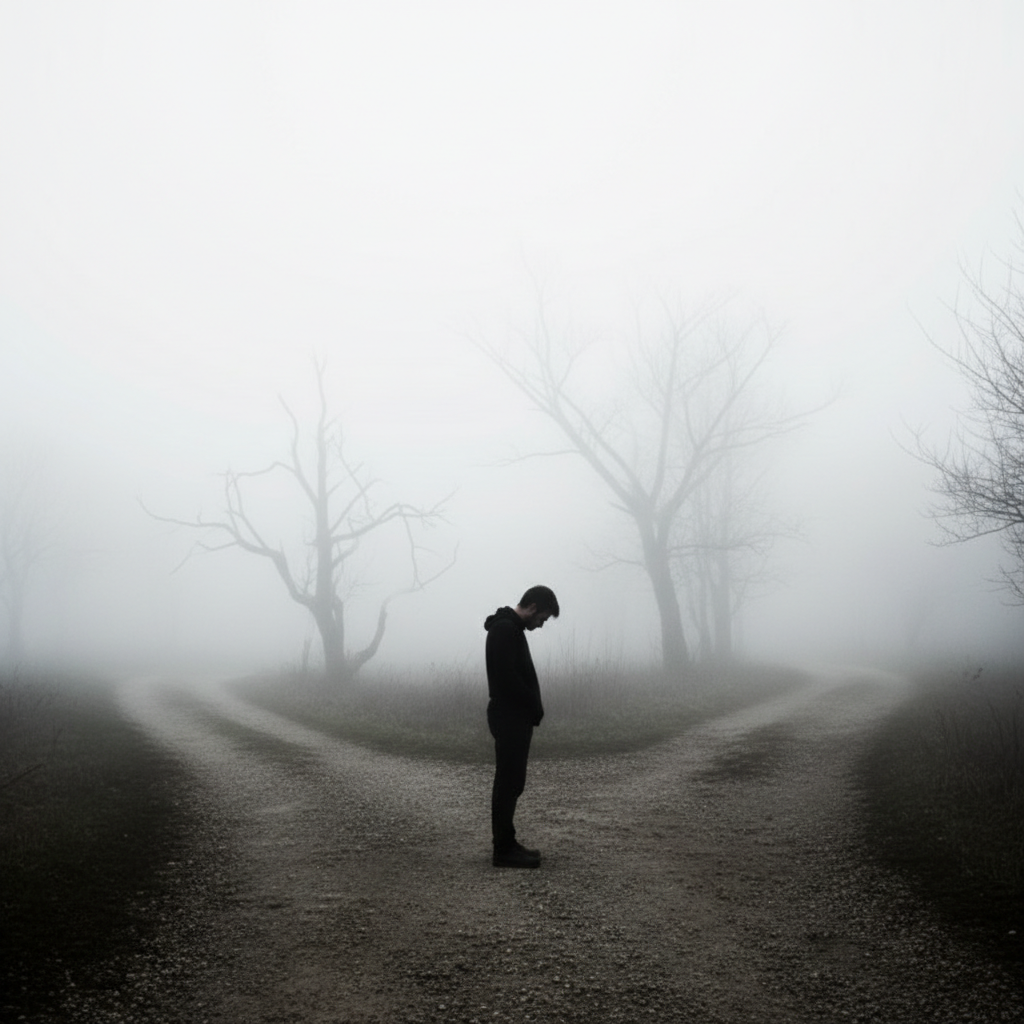 갈림길에 서 있는 사람의 뒷모습