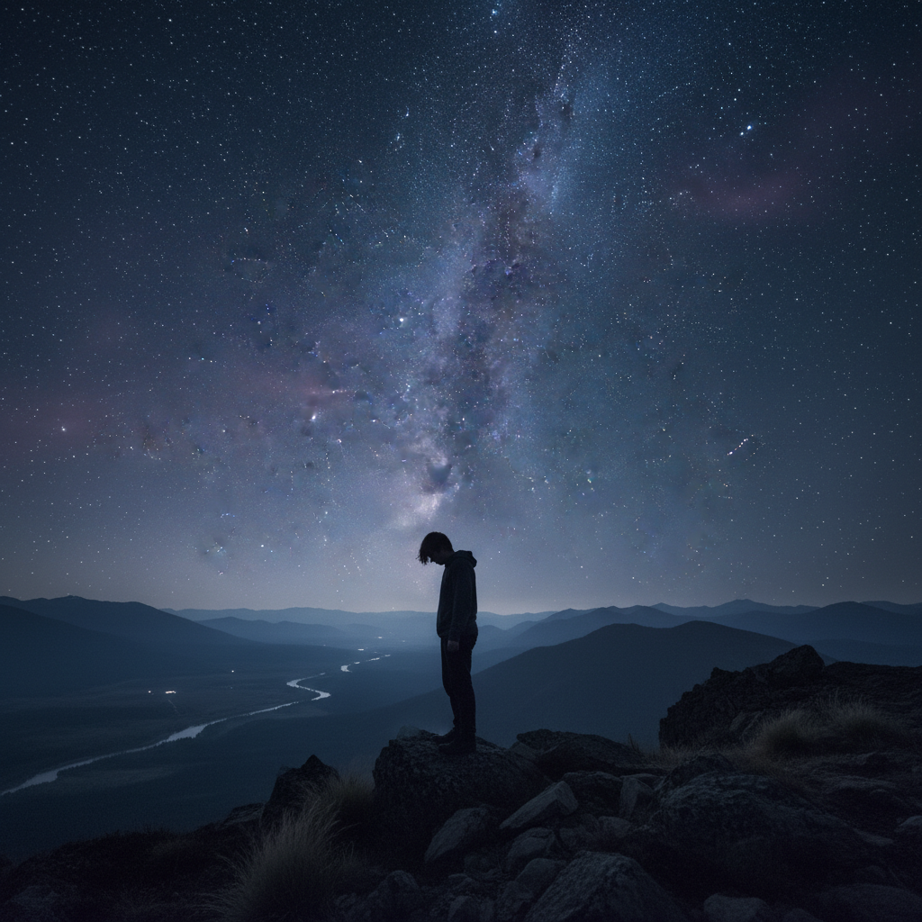 밤하늘을 바라보는 주인공의 뒷모습
