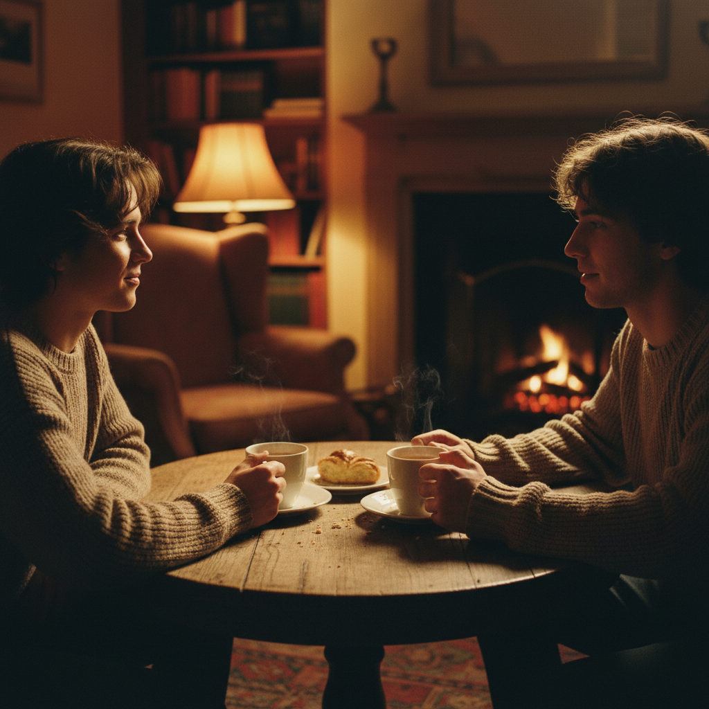 따뜻한 조명 아래 마주 앉은 연인