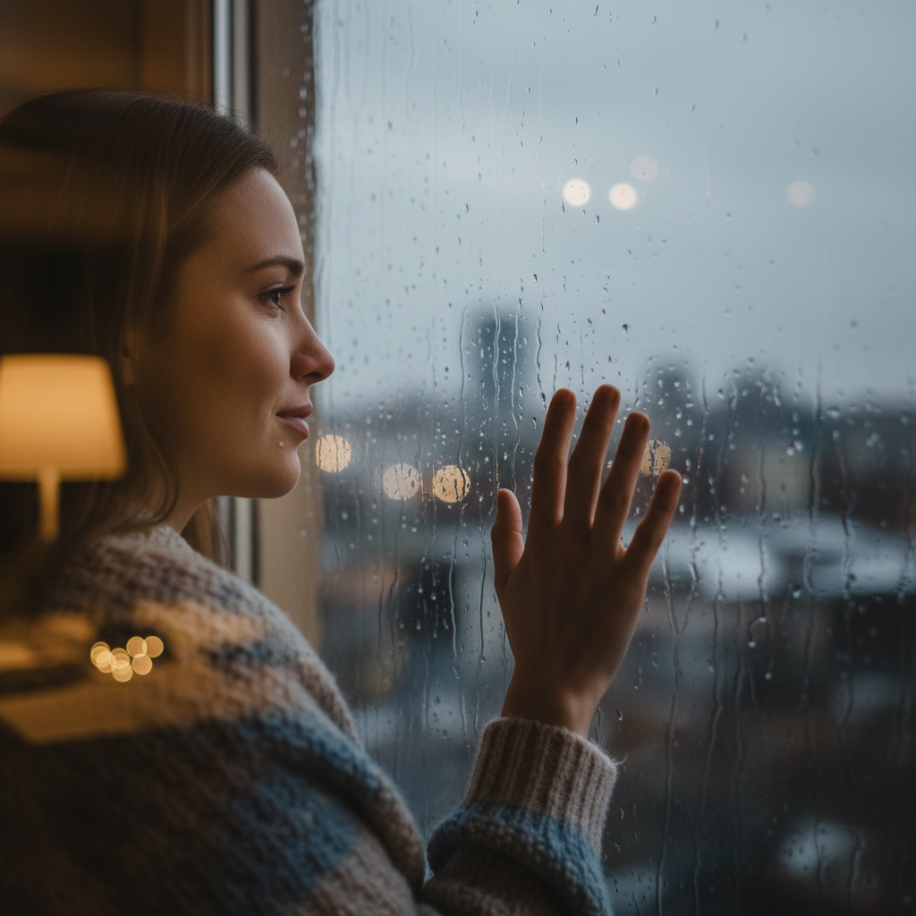 비 오는 창가에 앉아 생각에 잠긴 주인공