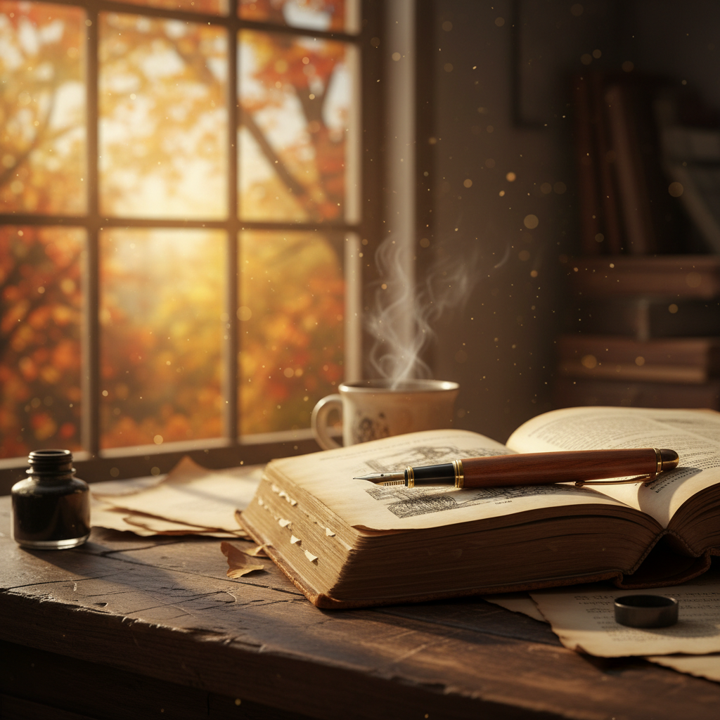 가을 햇살이 내리쬐는 창가에 놓인 빈티지한 책과 필기구