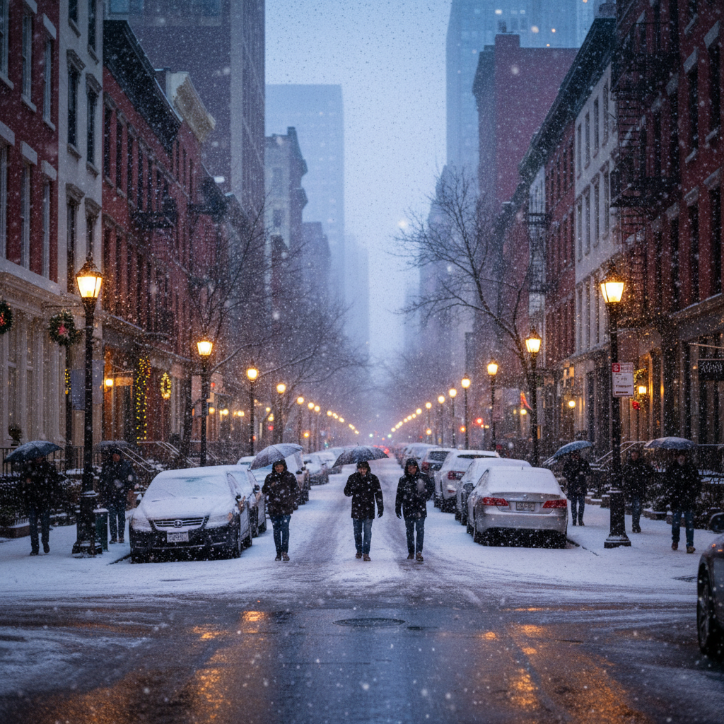 눈 내리는 도심의 차분한 저녁 거리