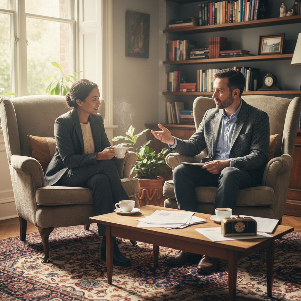 신중한 소통을 상징하는 두 사람의 대화