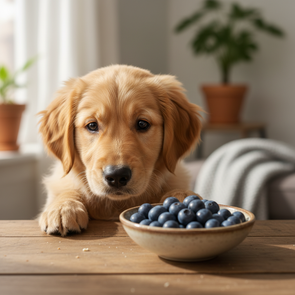 신선한 블루베리를 바라보는 강아지