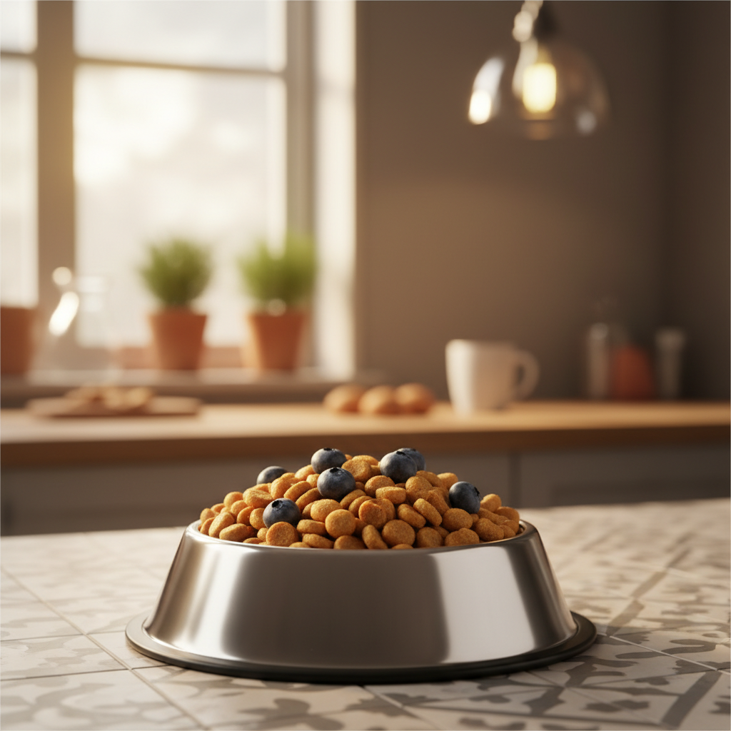 사료 위에 올려진 블루베리