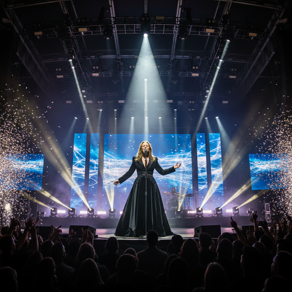 화려한 조명 아래 열창하는 성악가