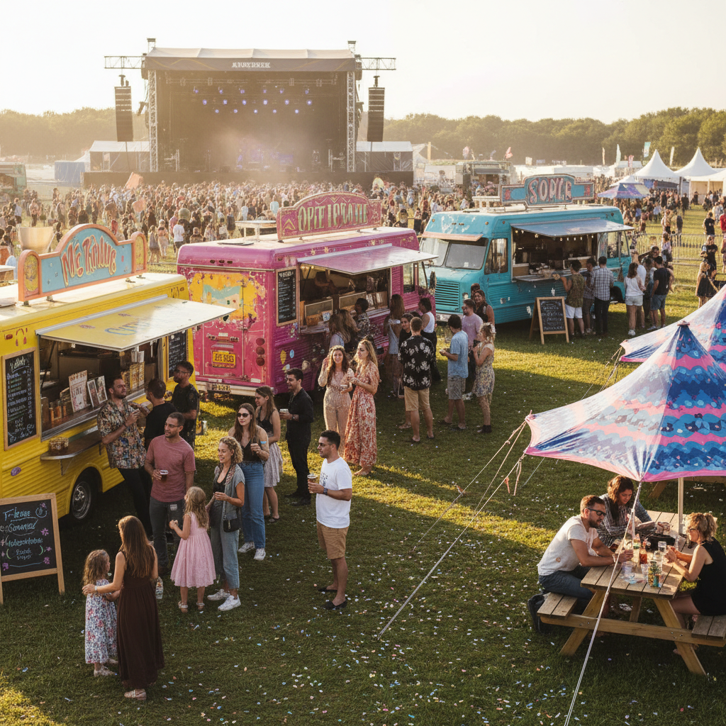 페스티벌 현장의 푸드트럭과 사람들