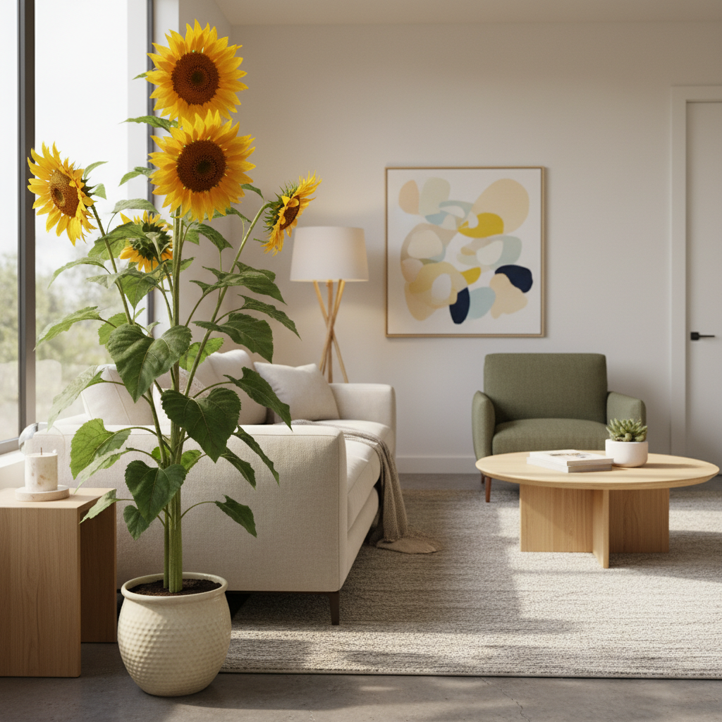 거실 인테리어로 활용된 해바라기 화분