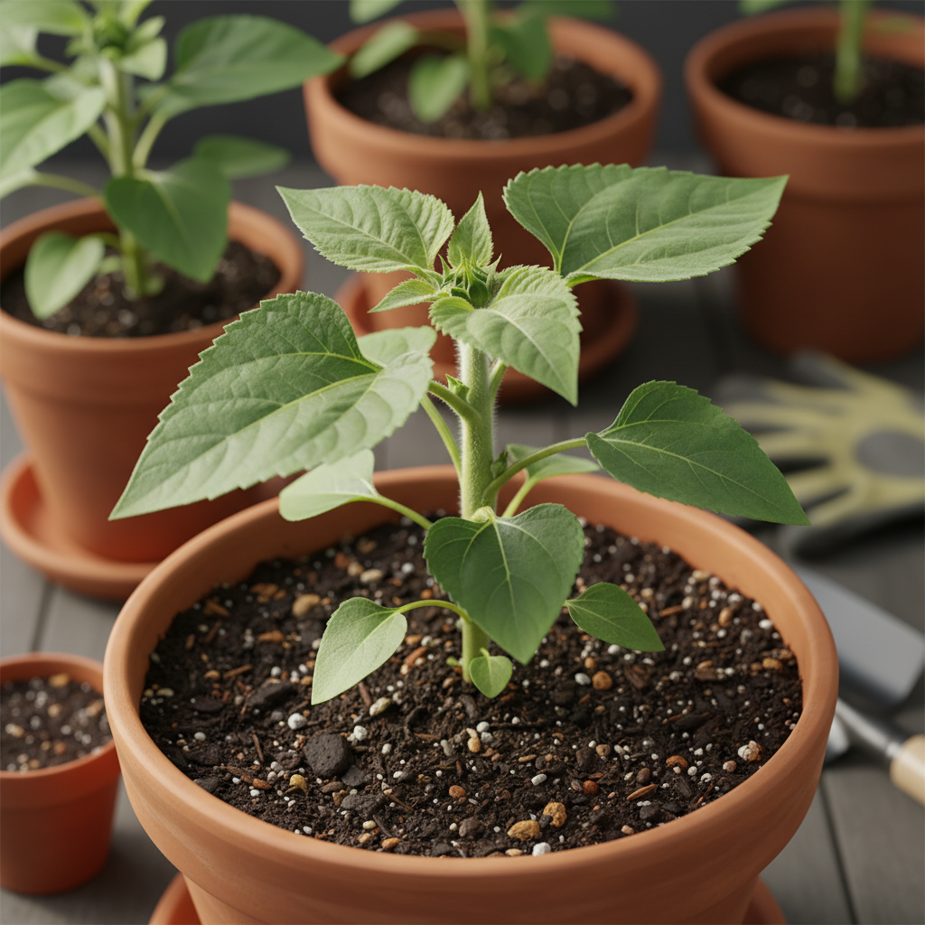 화분에 건강하게 자라나는 해바라기 모종