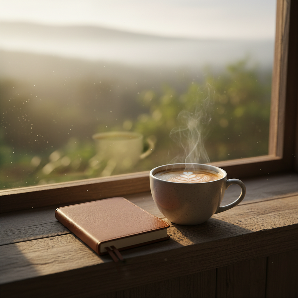 창가에 놓인 따뜻한 커피와 메모장