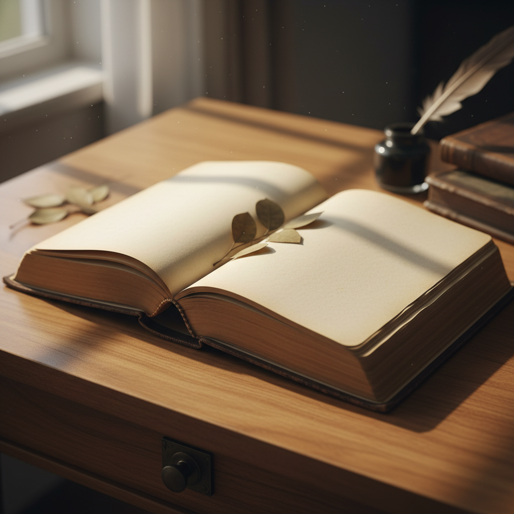 책이 펼쳐진 평화로운 책상 풍경