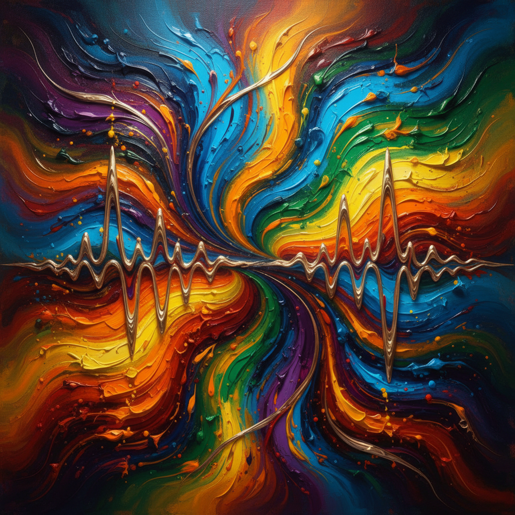 추상적인 페인트 질감과 음악적 파동이 섞인 예술 작품