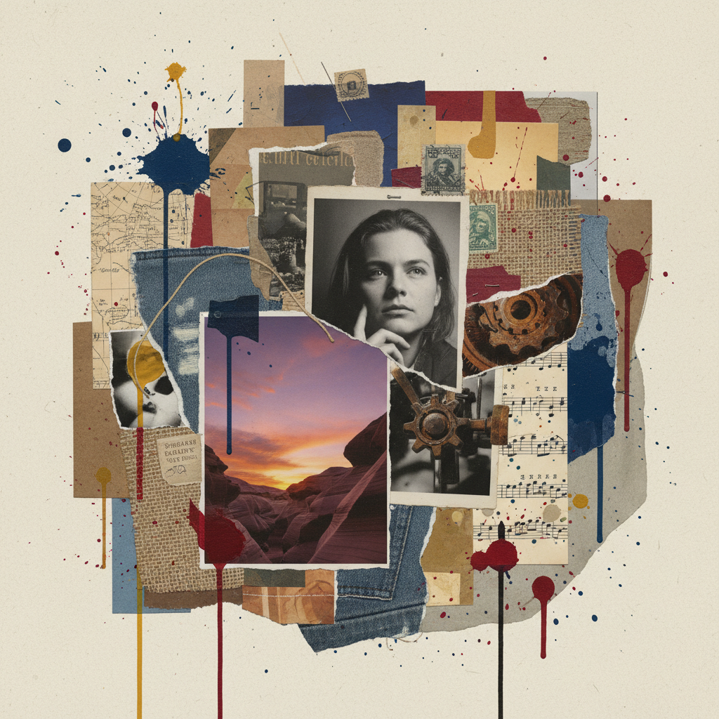 다양한 사진과 잡지 조각이 섞인 콜라주 형태의 예술적 이미지