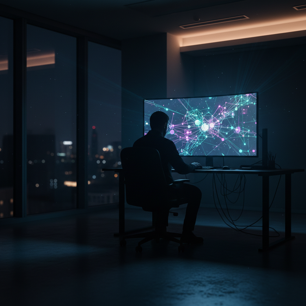 어두운 사무실에서 모니터를 응시하는 작업자의 실루엣