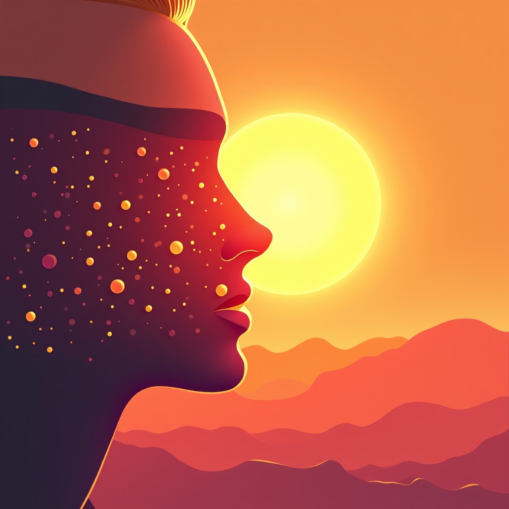 Conceptual illustration showing solar UV rays interacting with human skin layers, artistic and modern aesthetic, vibrant color palette, 4:3 ratio.