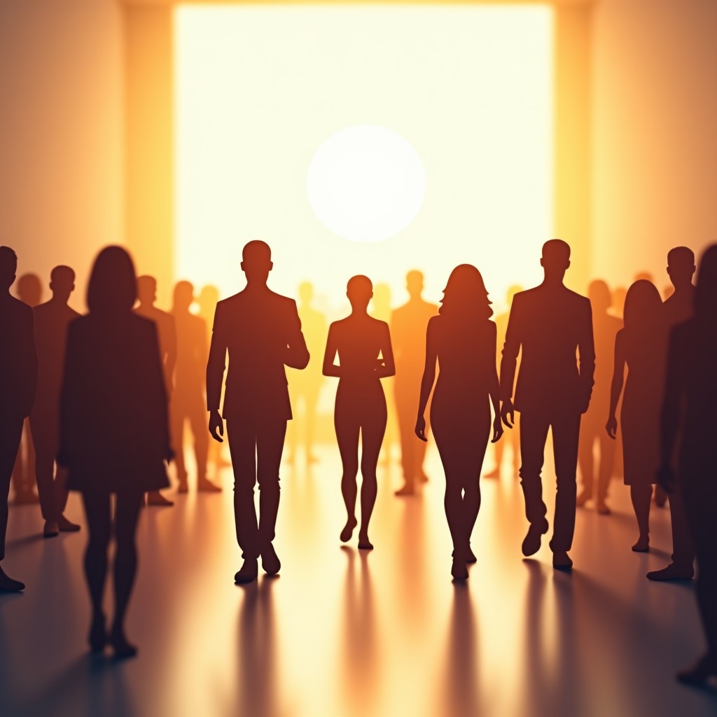 Artistic and modern composition showing a diverse group of people in a soft, bright environment, harmonious atmosphere, high quality, 4:3 ratio.