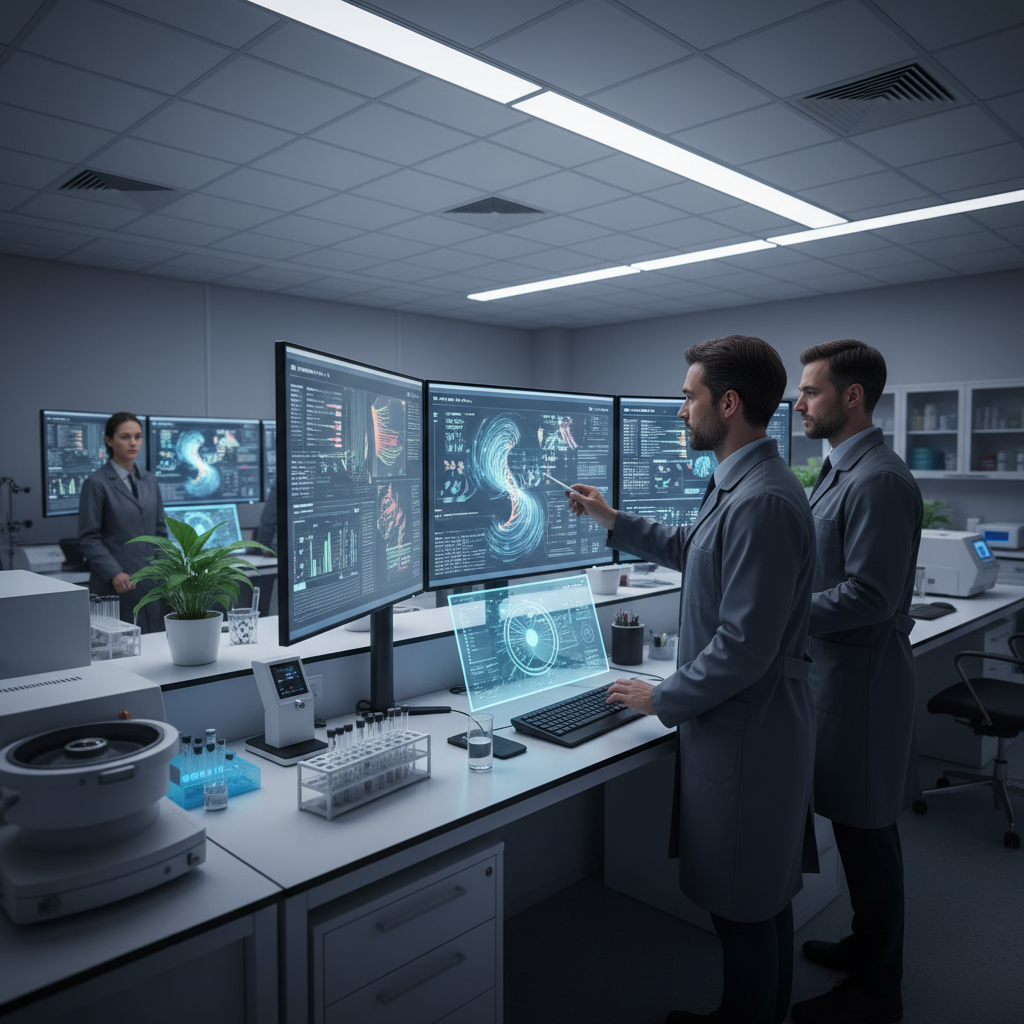 연구실에서 모니터를 보며 협업하는 과학자들