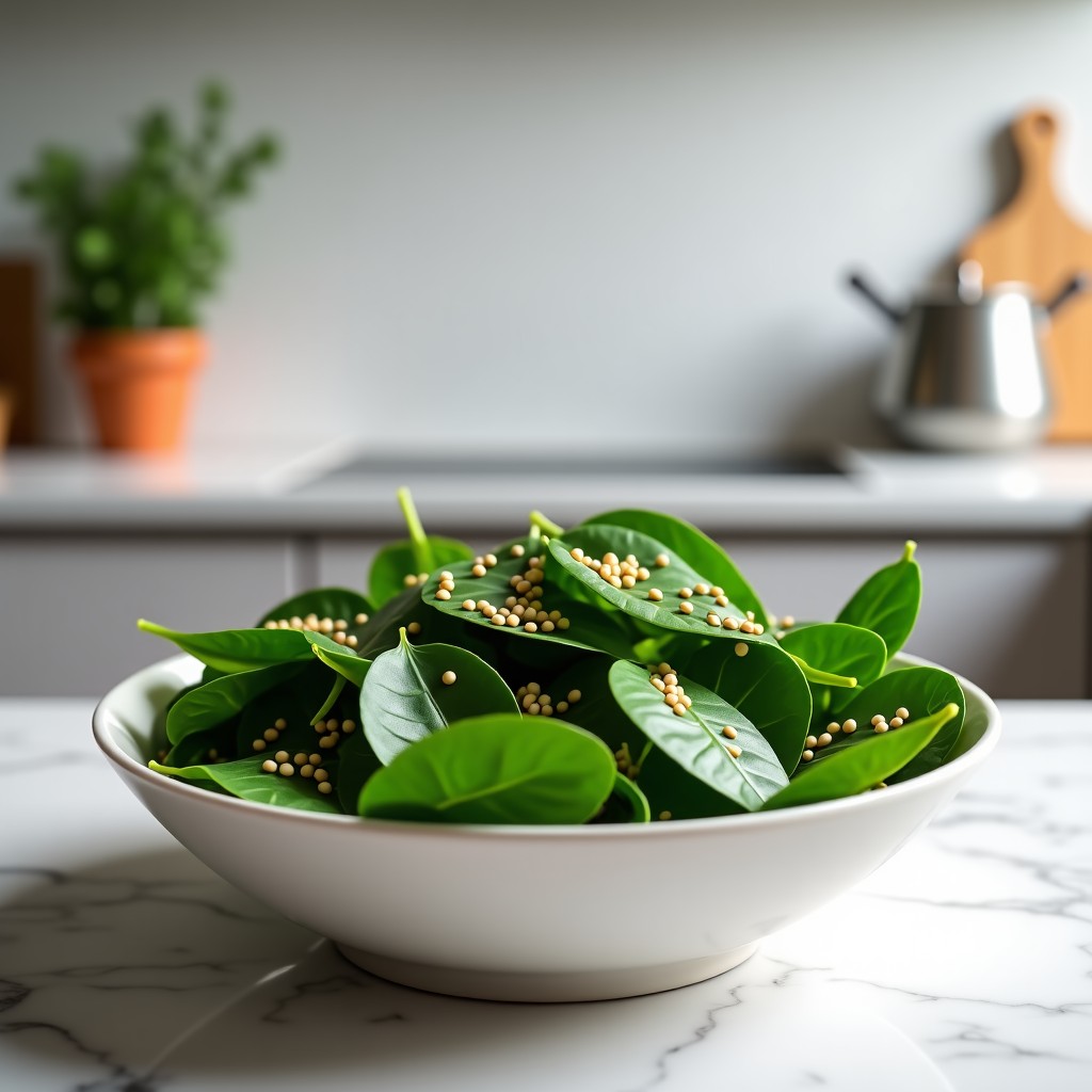 A bowl of fresh cooked spinach salad with sesame seeds in a bright modern kitchen, minimalist presentation, realistic style, 4:3