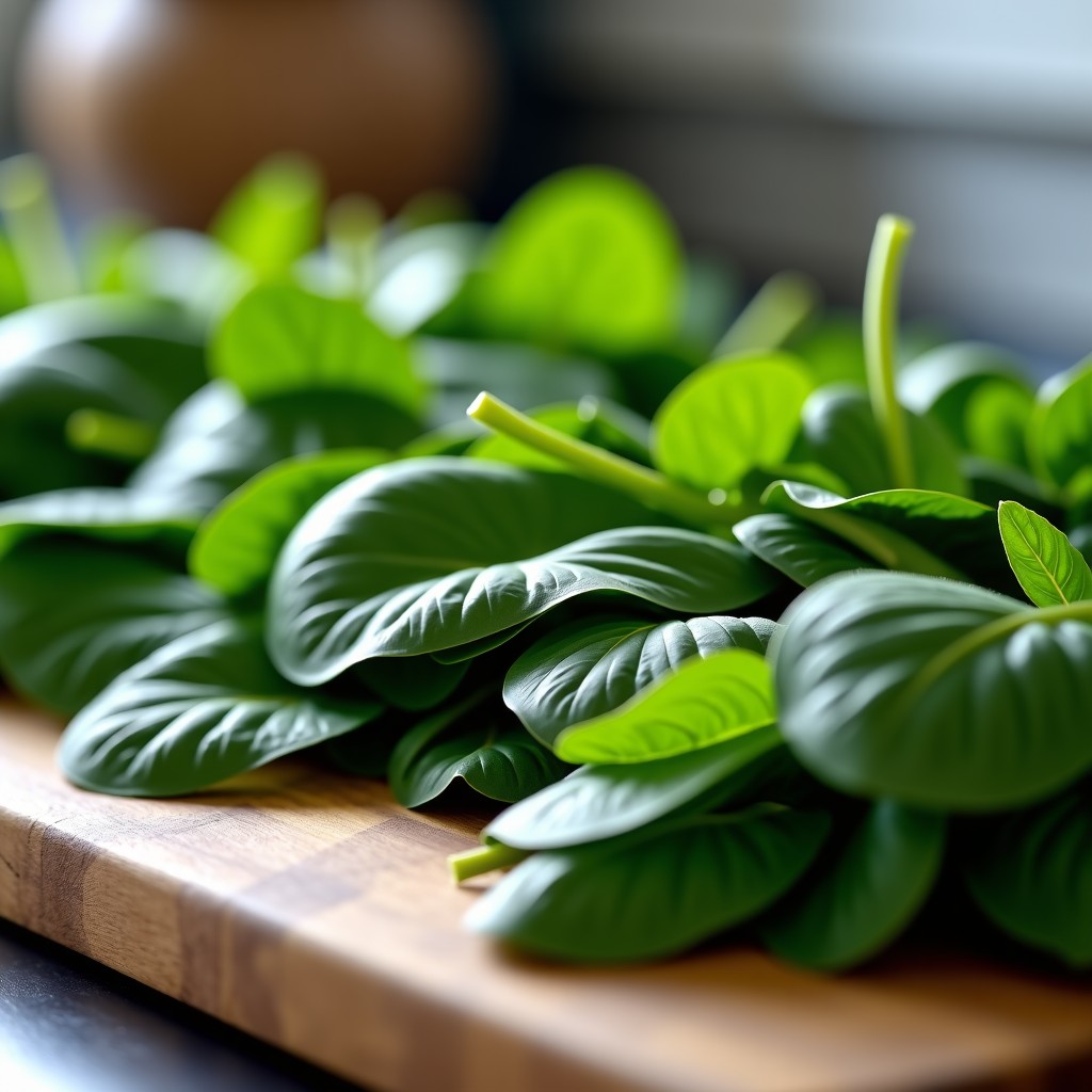 A close up of organic spinach bunches being prepared in a kitchen, natural lighting, sharp focus on leaves, 4:3