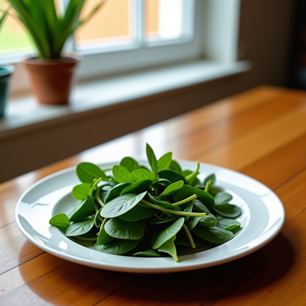 A table setting with a balanced healthy meal including fresh spinach, warm tones, lifestyle photography, 4:3